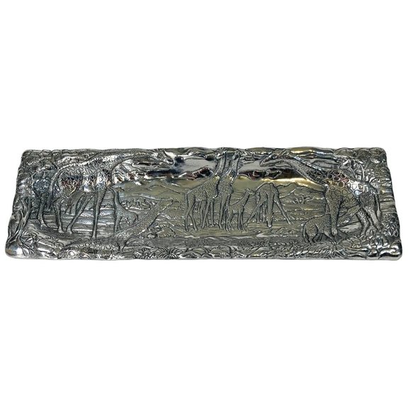 VTG Arthur Court Bread Serving Platter 18" Cast Aluminum Repousse Safari Signed - Picture 1 of 16